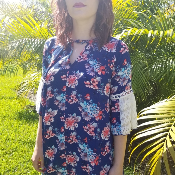 Navy Floral Bell Crochet Sleeve Tunic Dress - Picture 2 of 6